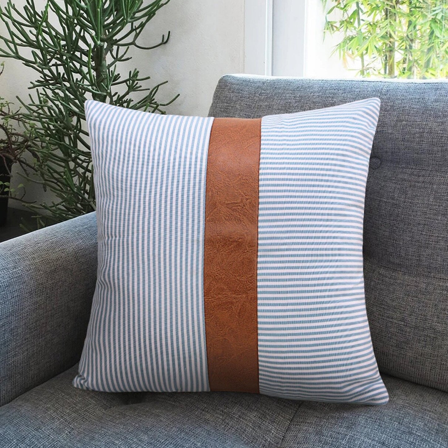 Leather & Cotton Cushion Pillow Covers, (2 Pc)