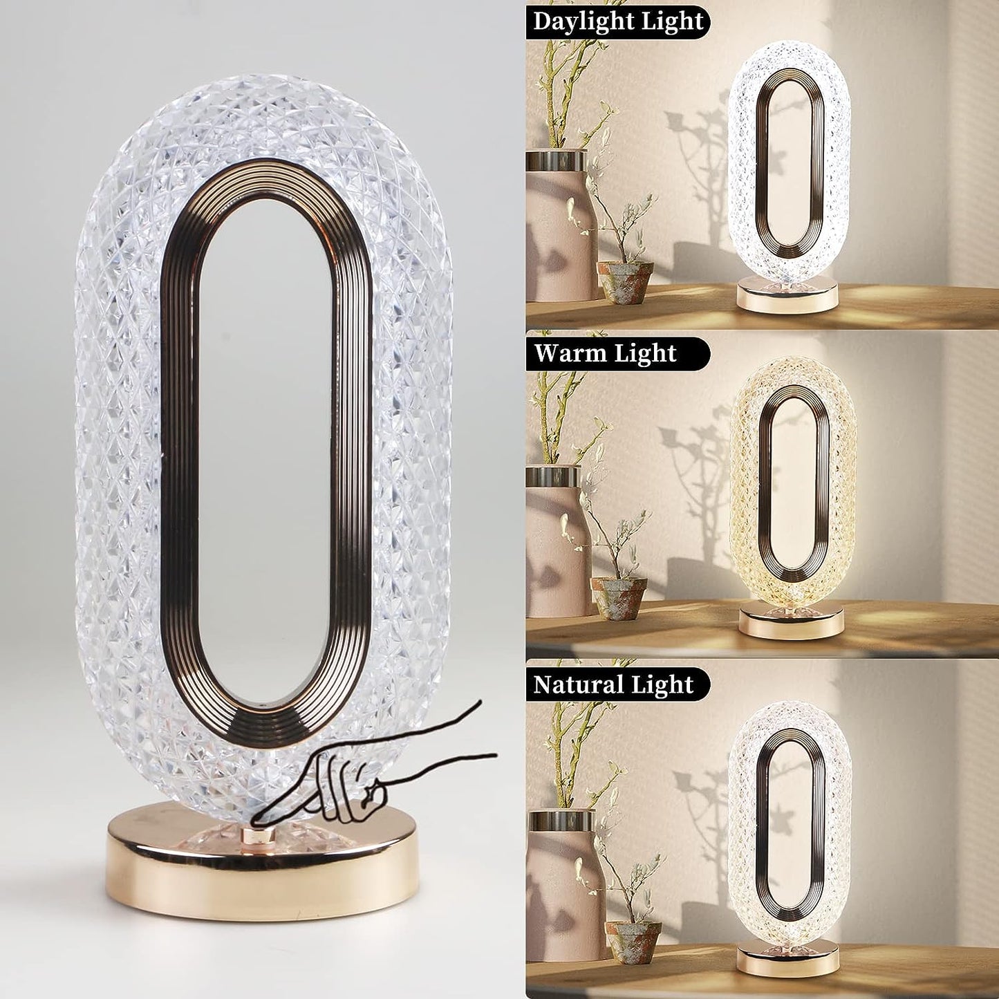 Rechargeable Crystal Diamond Table Lamp, 3 way Dimmable