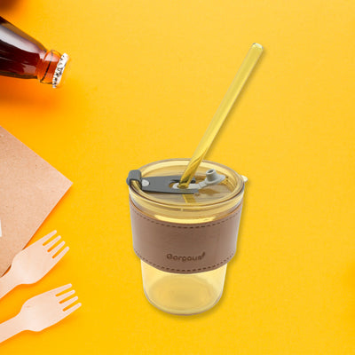 5887 Home Glass Coffee Mugtea Cup With Glass Straw And Leakproof Lid Travel Friendly Cups With Heatproof Sleeves