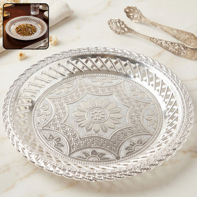 Decorative Silver Serving Tray Elegant Round Floral Design