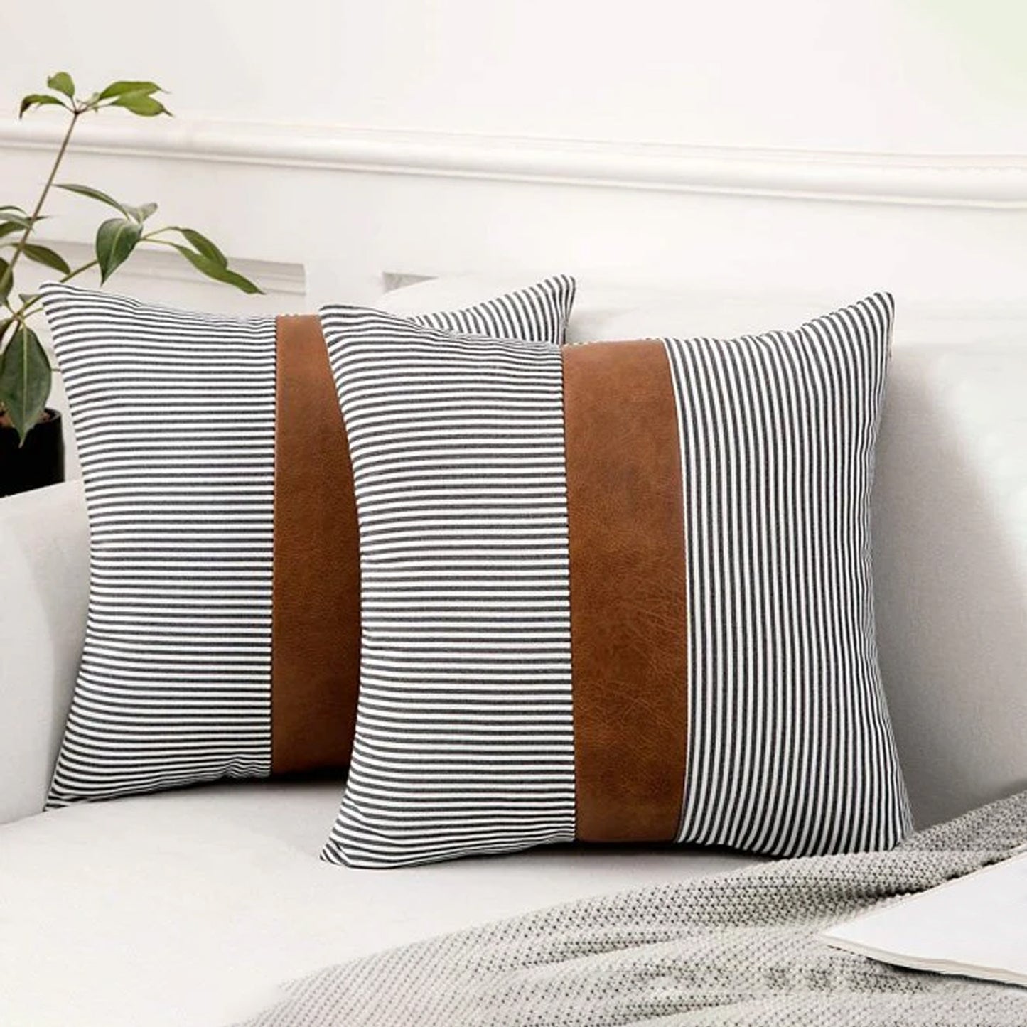 Leather & Cotton Cushion Pillow Covers, (2 Pc)