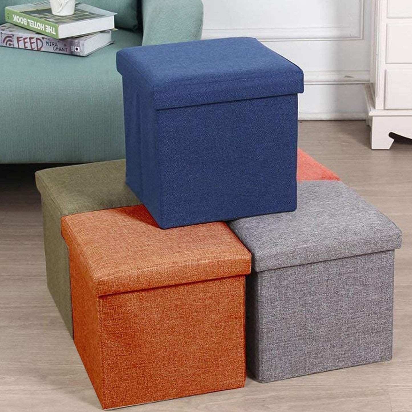 Cube Shape Sitting Stool With Storage Box & Cushion Seat
