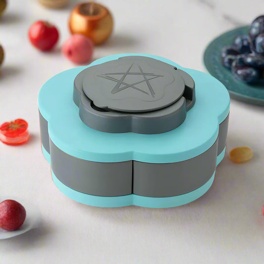 Teal and gray container with pentagram design on a white background