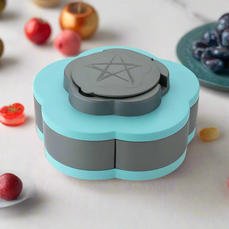 Teal and gray container with pentagram design on a white background