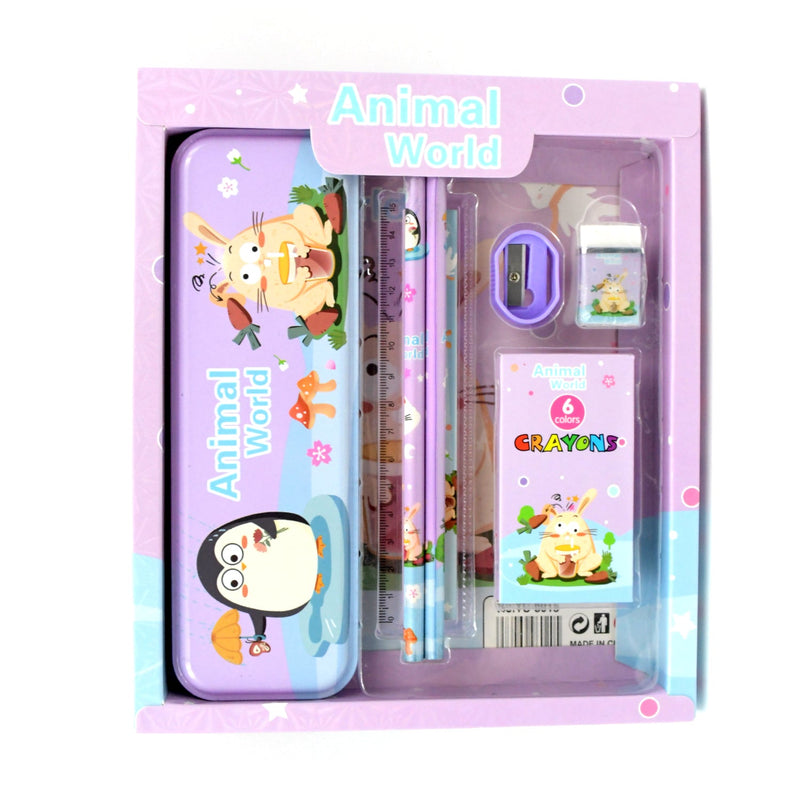 Stationery Kit for Kids - Metal Pencil Box, Sharpener, Pencil & Eraser (12 Pc Set)