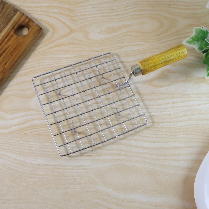 Kitchen Square Stainless Steel Roaster Jali, Barbecue Grill with Wooden Handle