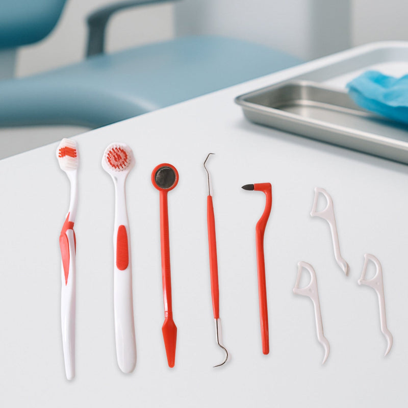 Ergonomically designed anti-slip handles  Durable plastic and stainless steel tools  Helps remove plaque, tartar, and food particles  Ideal for use between dentist visits  Travel-friendly and hygienically packaged