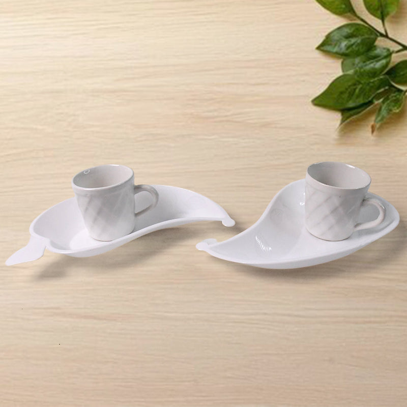 Unibic Ceramic Tea Cups With Plastic Leaf Shape tray / Platter (6 Pcs Set)