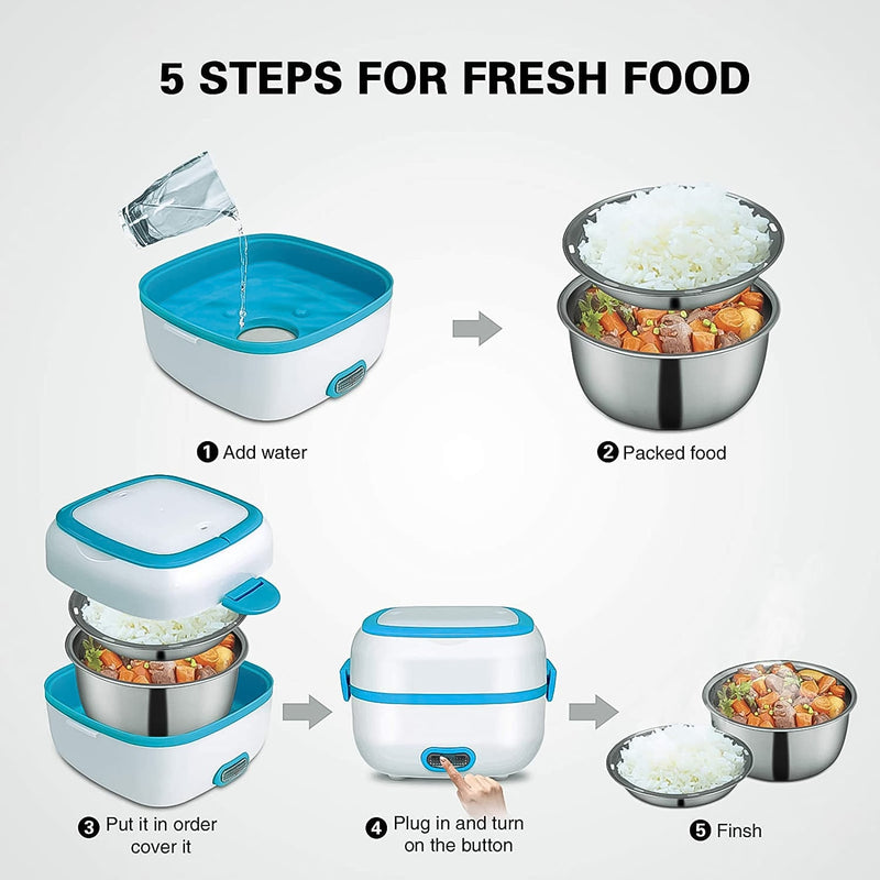 Electric Lunch Box, 3 In 1 Food Heater / Cooker / Steamer with Stainless (1 Set)