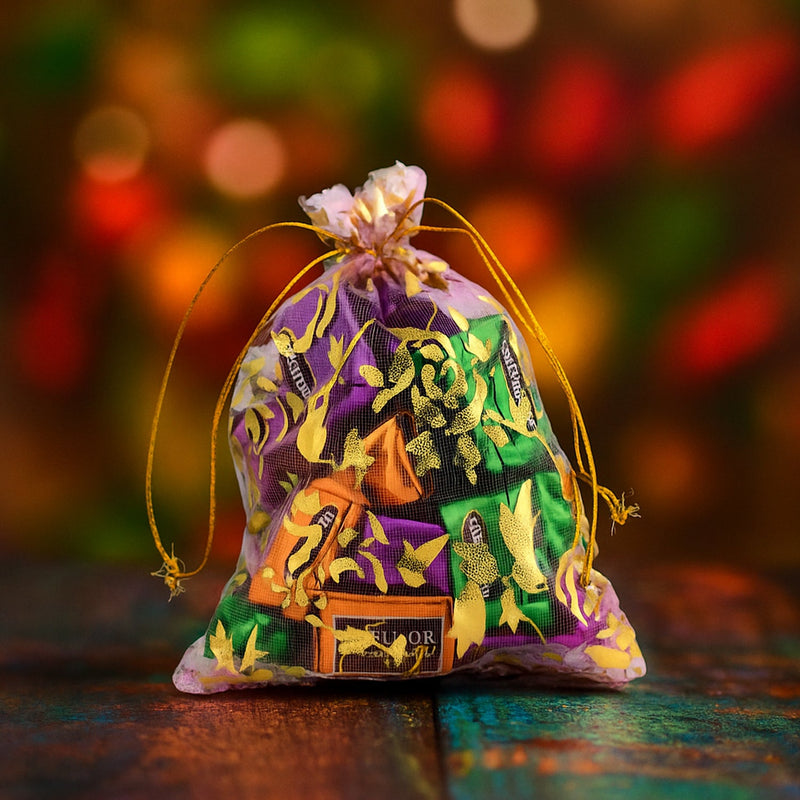 Decorative Gift Potli with 10 Premium Chocolates – Reusable Festive Return Gift Hamper