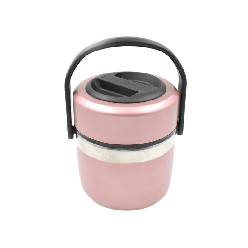 Close-up of stainless steel thermos for food storage