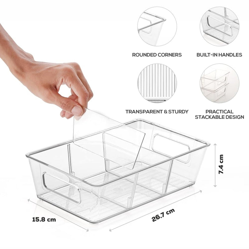 Plastic Refrigerator Organizer Bins, 1 Stackable Fridge Organizers with Handle, Clear Organizing Food Fruit Vegetables Pantry Storage Bins for Freezer kitchen Cabinet Organization and Storage (1 Pc Mix Color)