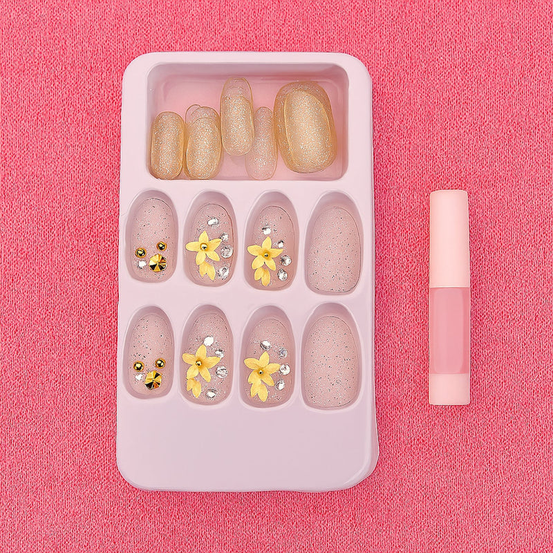 Glitter 3D Floral Press-On Artificial Nail Tips with Nail Glue fake nails (1 Set)