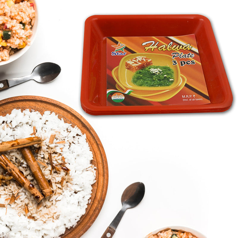 Square Plastic Halwa Dinner Plate Snacks Tray Set for Home Office 3 Pcs