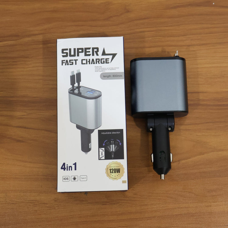 4-in-1 Super Fast Car Charger with Dual Built-In Cables, Dual USB Ports,