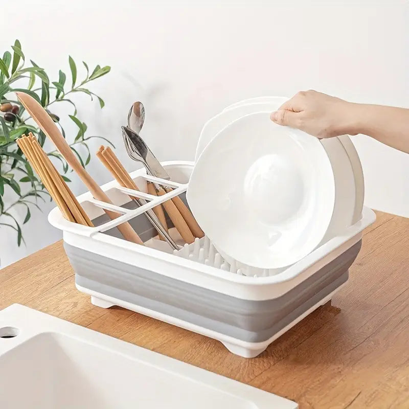 Collapsible Folding Silicone Dish Drying Drainer Rack With Spoon Fork Knife Storage Holder