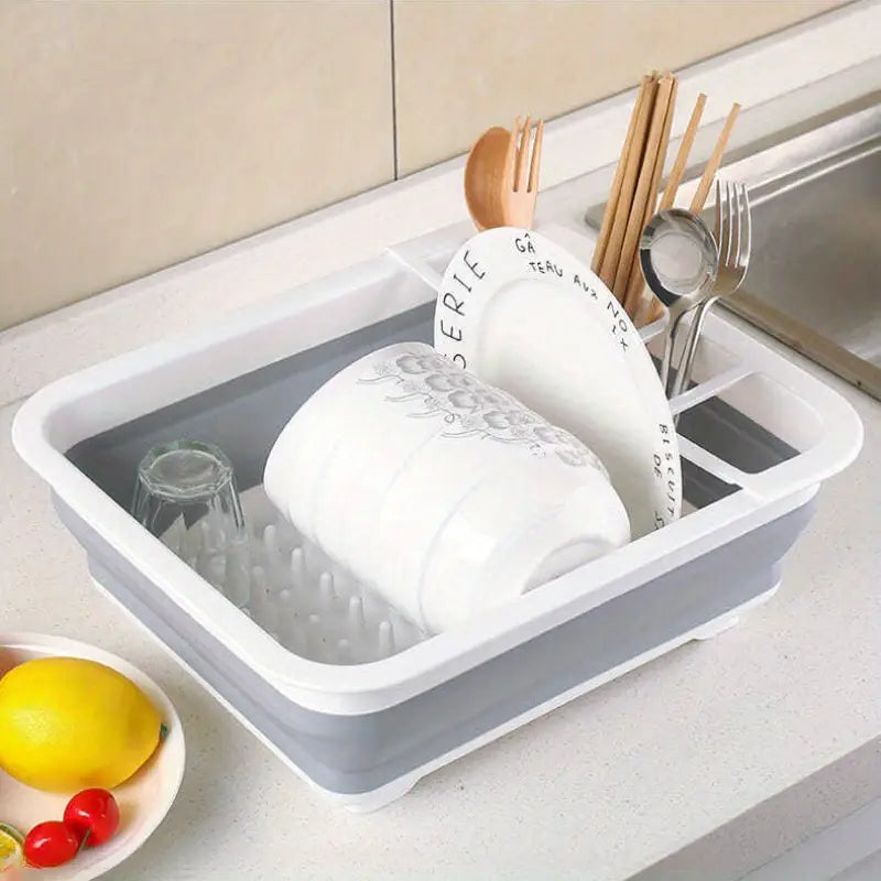 Collapsible Folding Silicone Dish Drying Drainer Rack With Spoon Fork Knife Storage Holder
