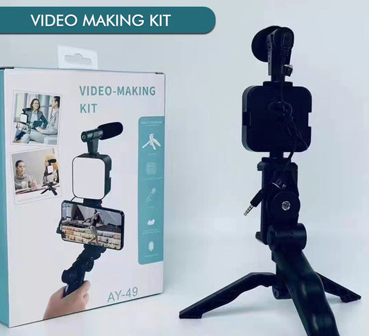 Vlogging Kit With Mic, Mini Tripod, LED Light & Phone Holder Clip