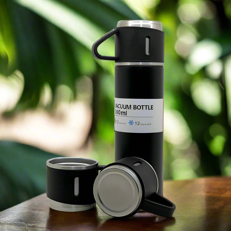 Stainless Steel Vacuum Flask Set with 3 Steel Cups Combo (500ml)
