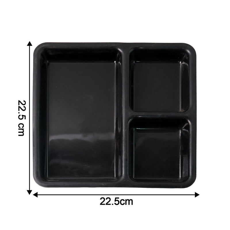Plastic 3-Compartment Meal Serving Tray – Rectangular Dining Plate (1 Pc / Black)
