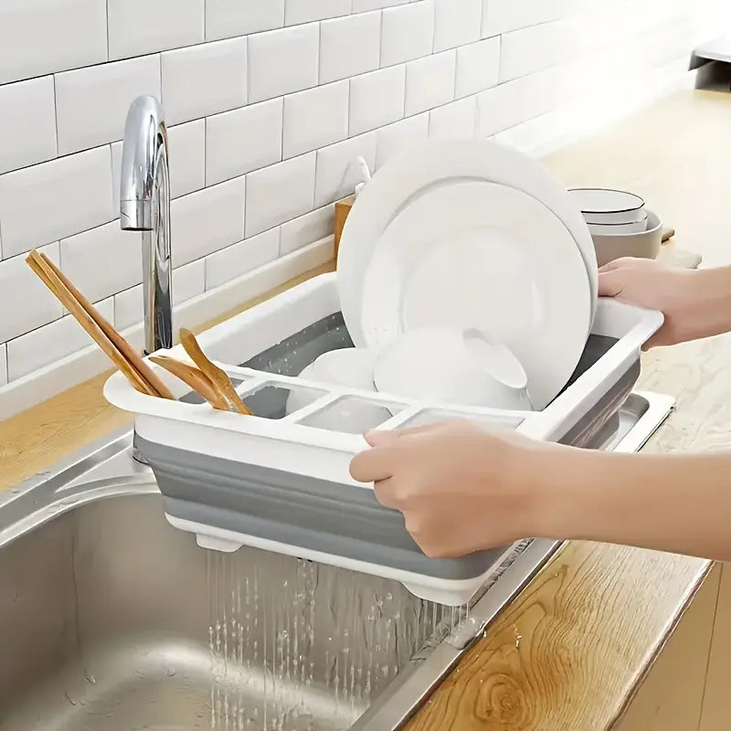 Collapsible Folding Silicone Dish Drying Drainer Rack With Spoon Fork Knife Storage Holder