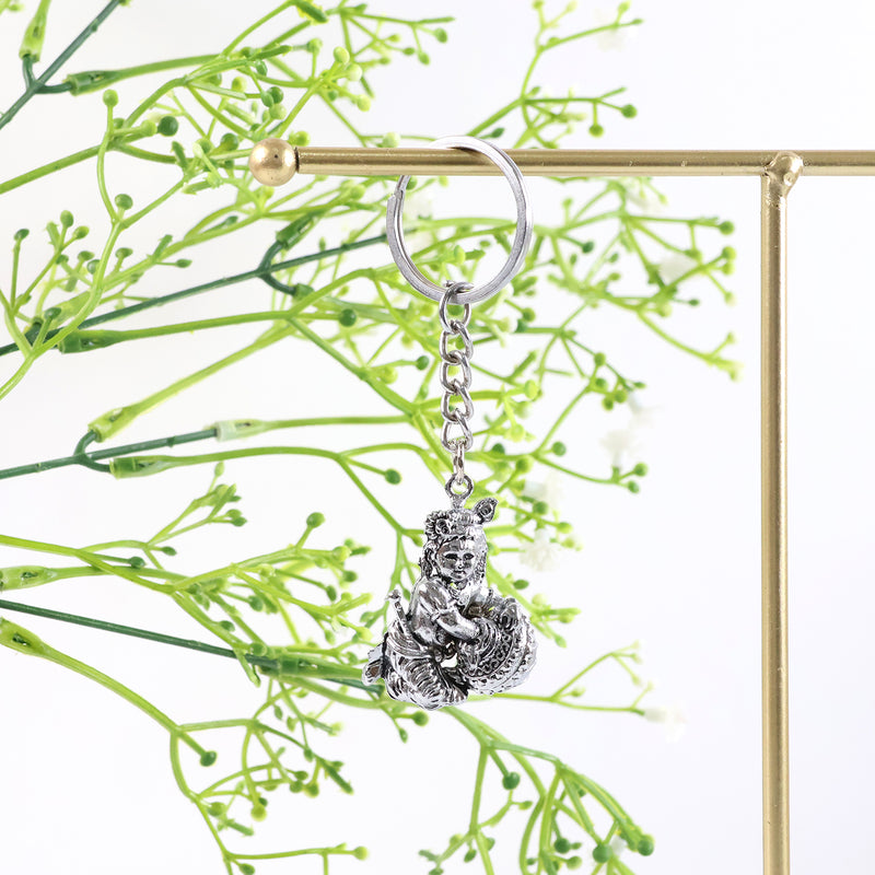 Premium Silver-finish Metal Bal Krishna Eating Makhan Keychain (1 Pc)