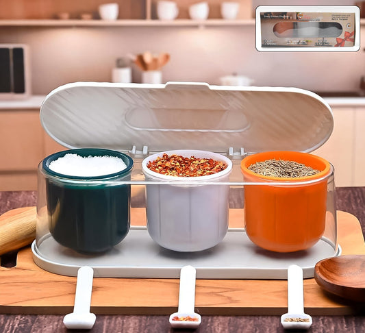 3 Grid Seasoning Spice Masala Box Kit With Spoon (Multicolour / 1 Set)