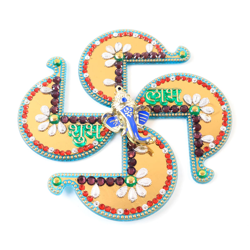 Golden Swastik Shubh Labh Wall Hanging With Ganesh Idol (1 Pc)