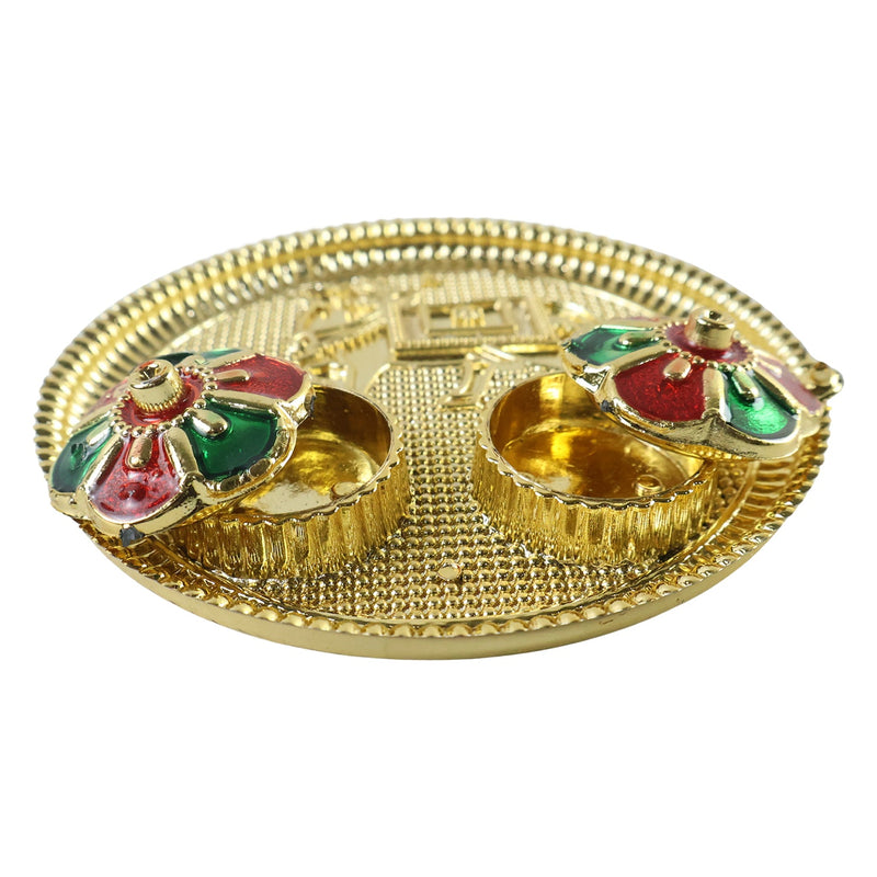 Cow Design Kankavati Kumkum Holder Golden Pooja Thali With Compartments (1 Pc)