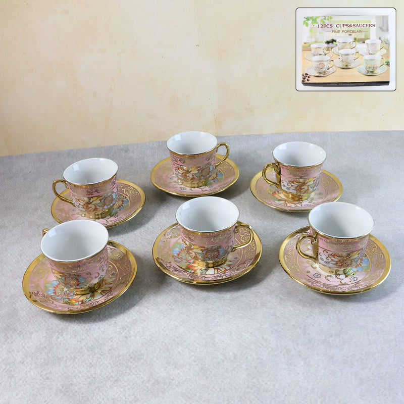 Premium Floral Porcelain Tea Cup And Saucer Set (12 Pc Set)