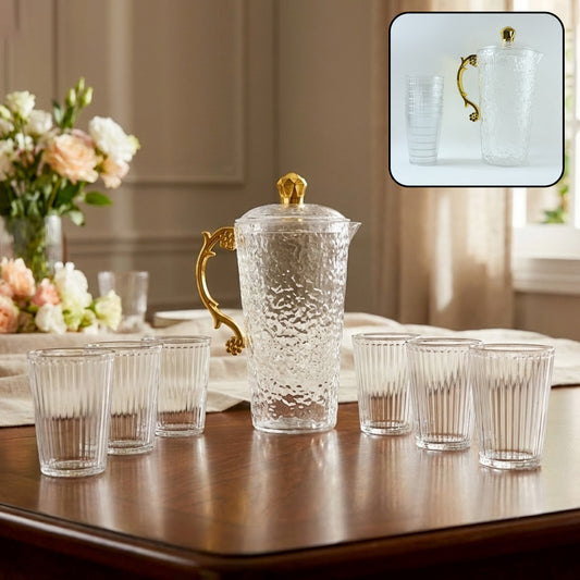 Elegant Textured Glass Water Jug With 6 Glasses Set (1 Set)