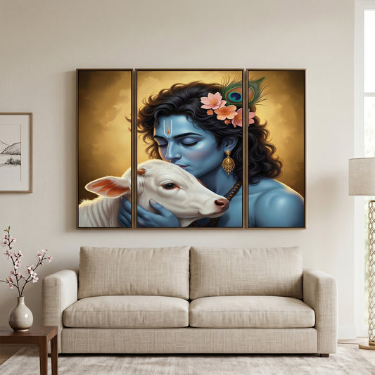 Krishna N Cow 3 Panel Mdf Wall Frame Wall Art Painting 16.5x12in (1 Pc)