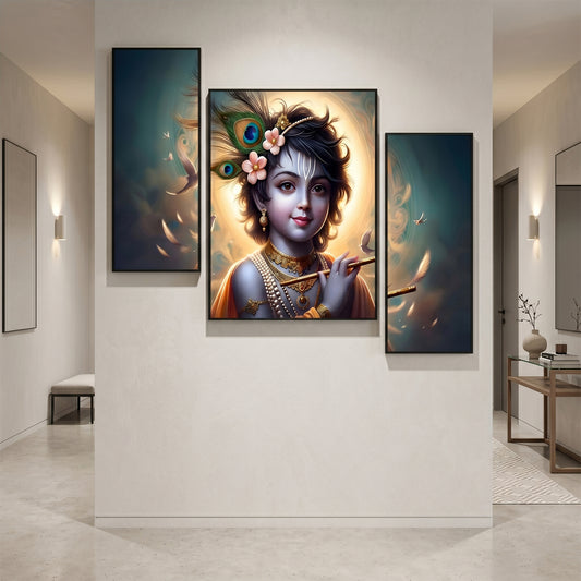 Krishna N Flute 3 Panel Mdf Wall Frame Wall Art Painting 16.5x12in (1 Pc)