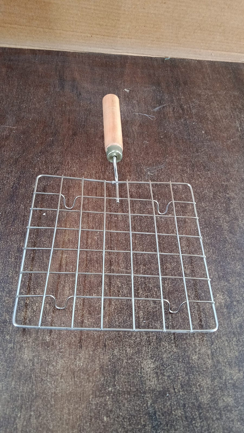 Stainless Steel Square Papad jali, Barbecue Grill Rack with Wooden Handle (1 Pc)