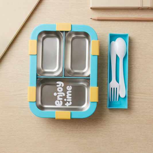 Airtight 3 Compartment Stainless Steel Lunch Box With Spoon  Fork  600ml