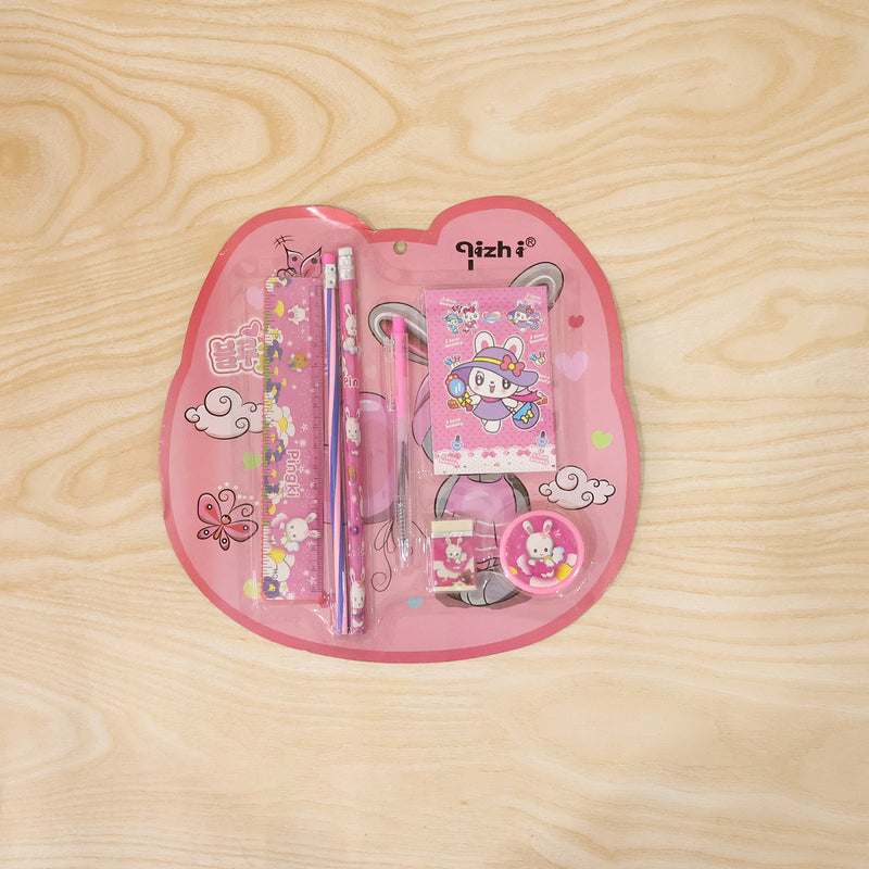 7-in-1 Cute Pink Stationery Set With Ruler Pencil Eraser Pen Notebook Sharpener