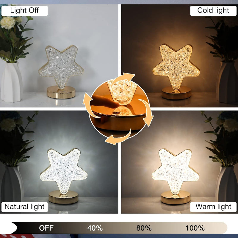 Star Shape Crystal Diamond Lamp, Rechargeable, 3-way Dimmable & Touch Control