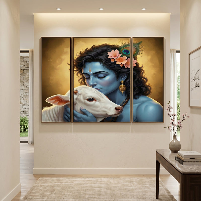 Krishna N Cow 3 Panel Mdf Wall Frame Wall Art Painting 16.5x12in (1 Pc)