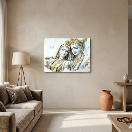 Premium Radha Krishna Royal White Gold Finish Wall Art Frame (1 Pc 60x45 Cm)