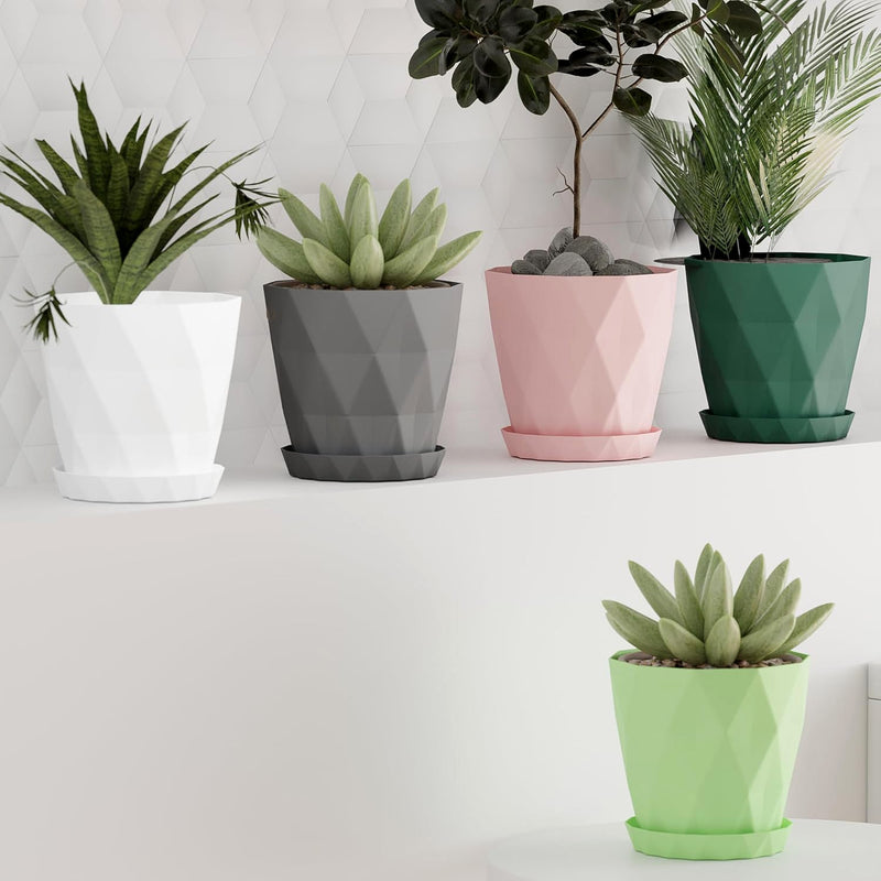 Diamond Design Plastic Flower Pot Set with Drain Tray (5 Pc)