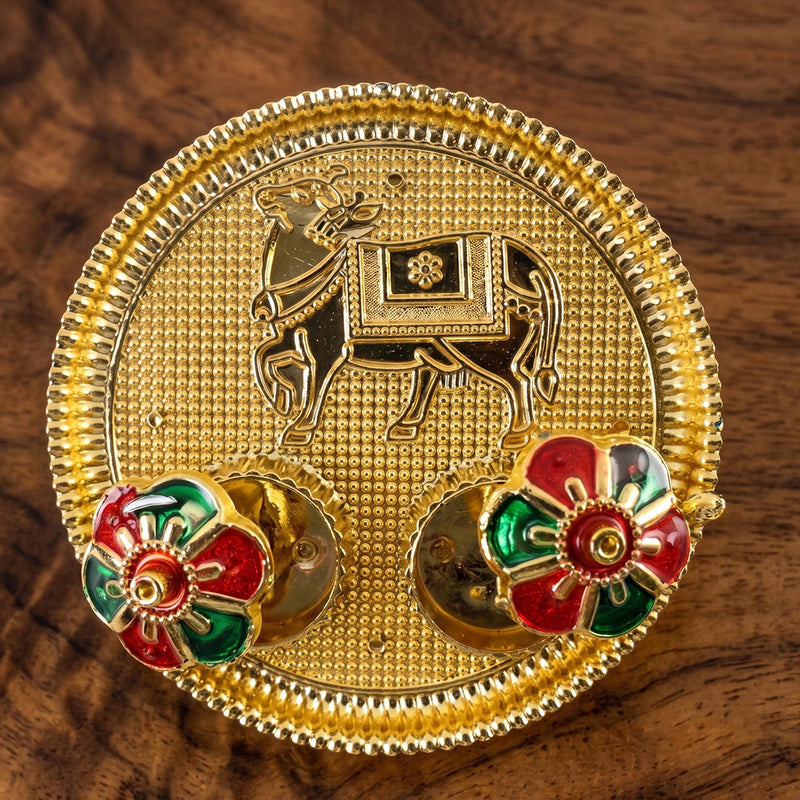 Cow Design Kankavati Kumkum Holder Golden Pooja Thali With Compartments (1 Pc)