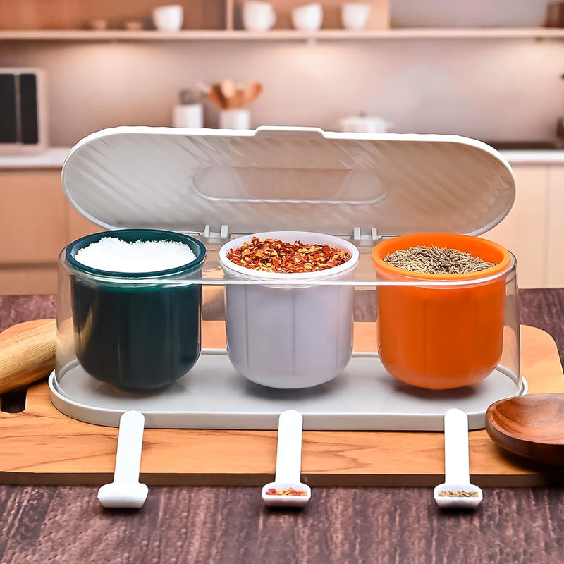 3 Grid Seasoning Spice Masala Box Kit With Spoon (Multicolour / 1 Set)