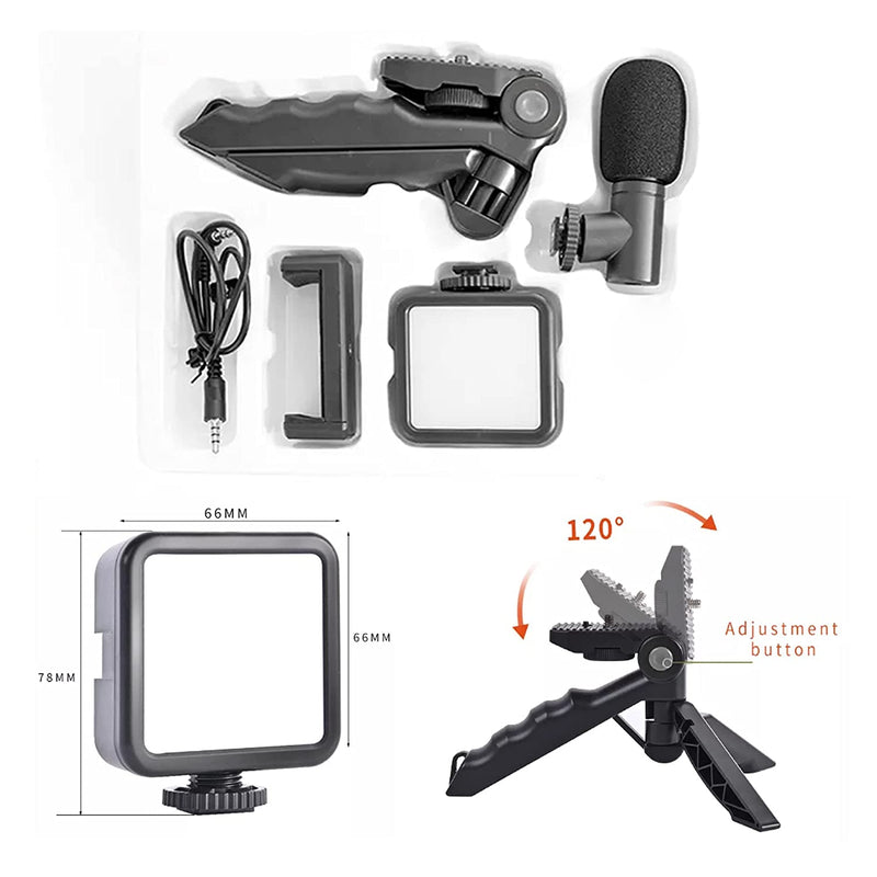 Vlogging Kit With Mic, Mini Tripod, LED Light & Phone Holder Clip