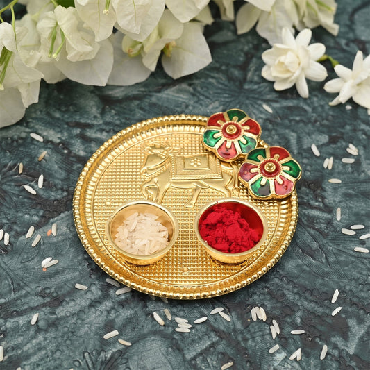 Cow Design Kankavati Kumkum Holder Golden Pooja Thali With Compartments (1 Pc)