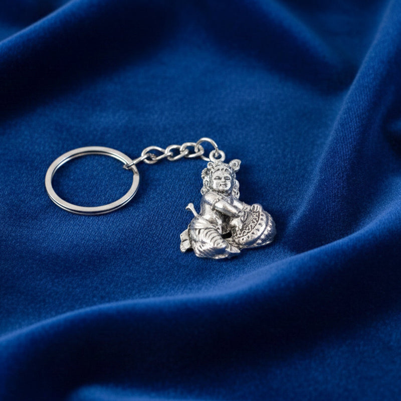 Premium Silver-Finish Metal Bal Krishna Eating Makhan Keychain (1 Pc)