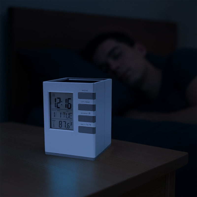 Cube Shape Digital Desk Clock with Pen Storage