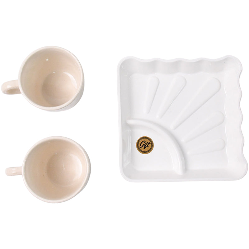 Cerntric Ceramic Tea Cup With Plastic Square Shape Serving Platter Milk Cup 3pc Set