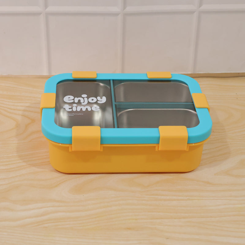 Airtight 3 Compartment Stainless Steel Lunch Box With Spoon  Fork  600ml