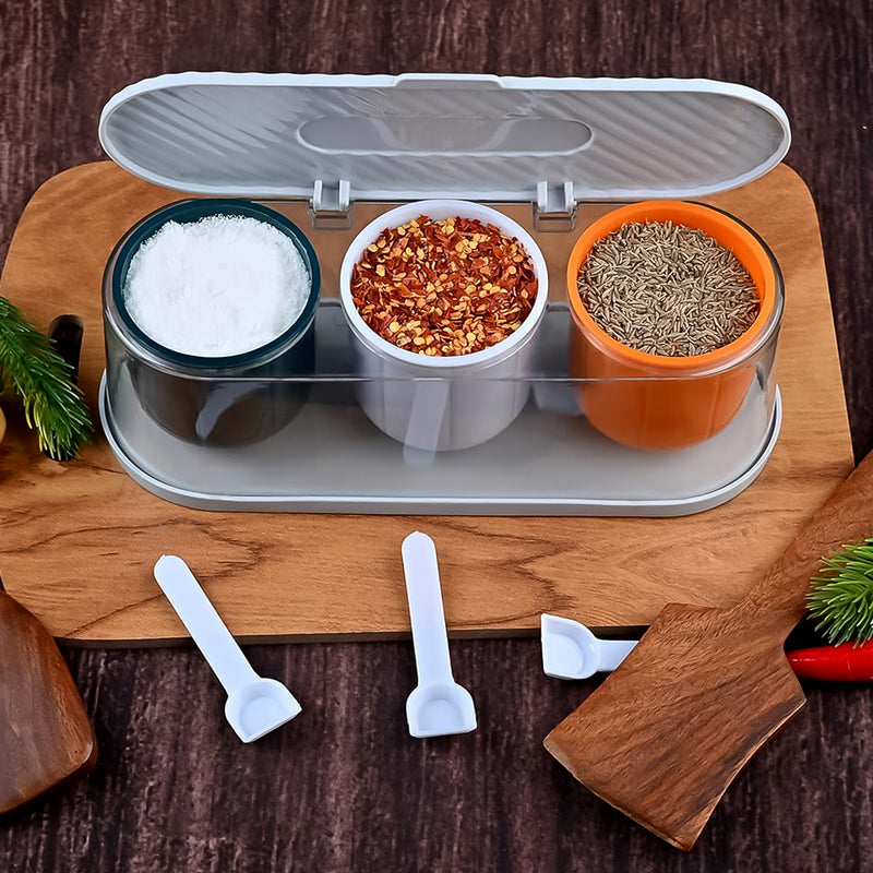 3 Grid Seasoning Spice Masala Box Kit With Spoon (Multicolour / 1 Set)