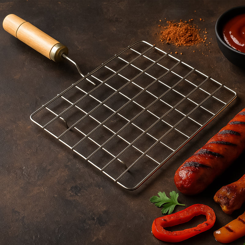 Stainless Steel Square Barbecue Grill Rack With Wooden Handle